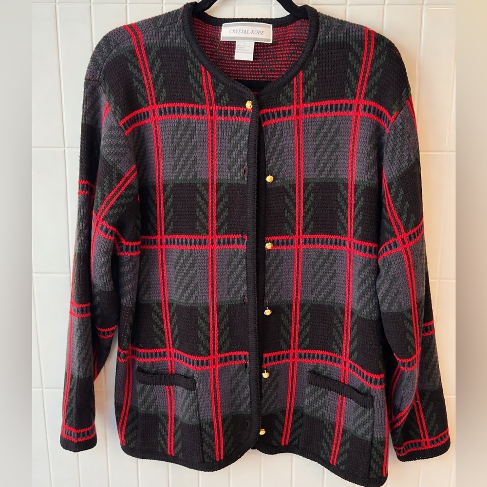 Vintage 90s Tartan Plaid Cardigan Large Red Green Black Gold Buttons